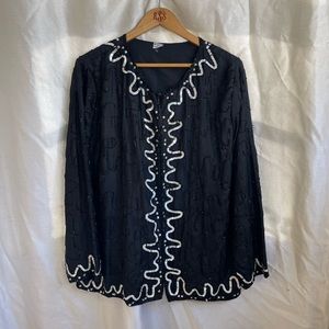 Plus Size VTG 90’s B&W Sequin Beaded Silk Long Sleeve Button Down Blouse